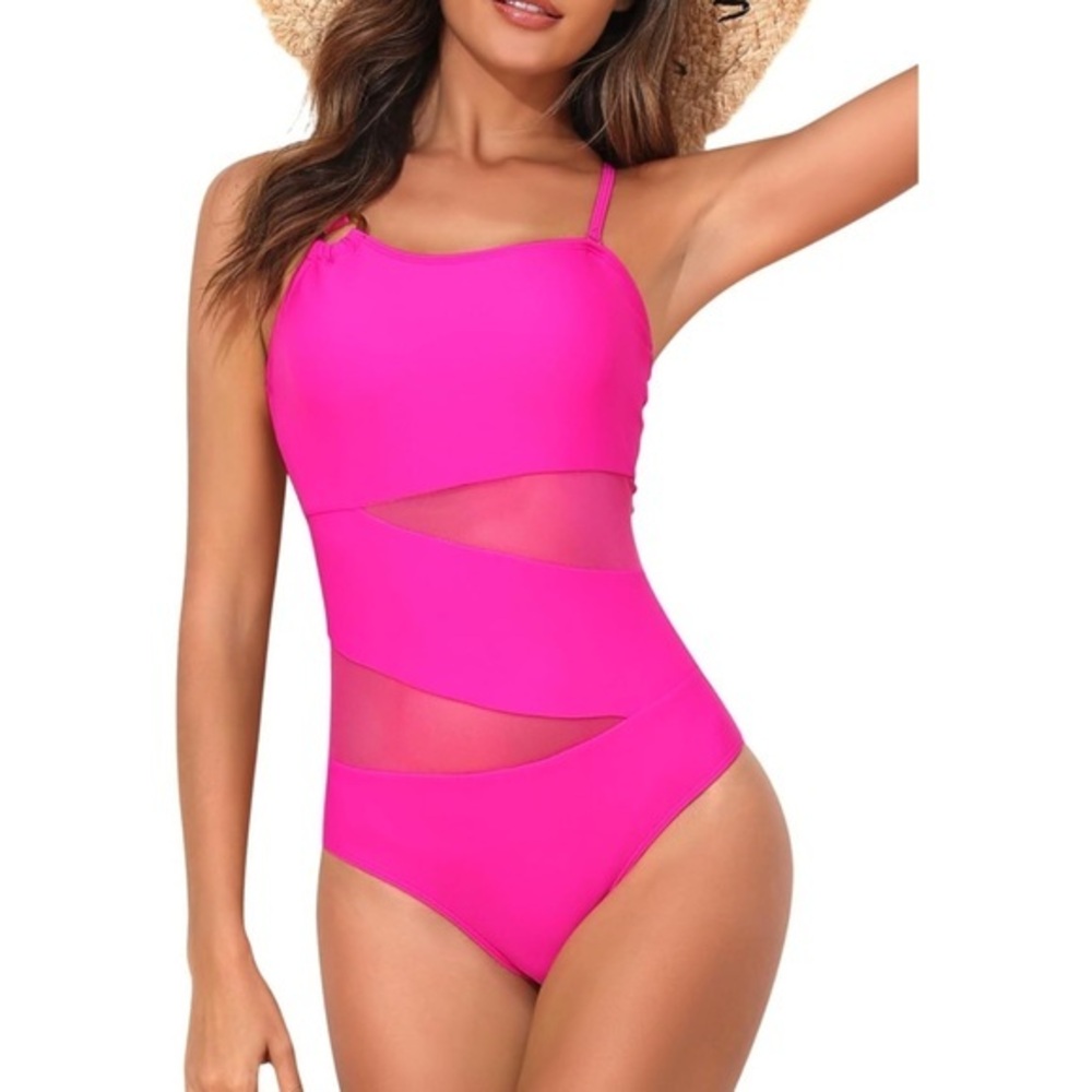 HEYTALALA cutout mesh One Piece pink Tummy Control One Shoulder swimsuit size M